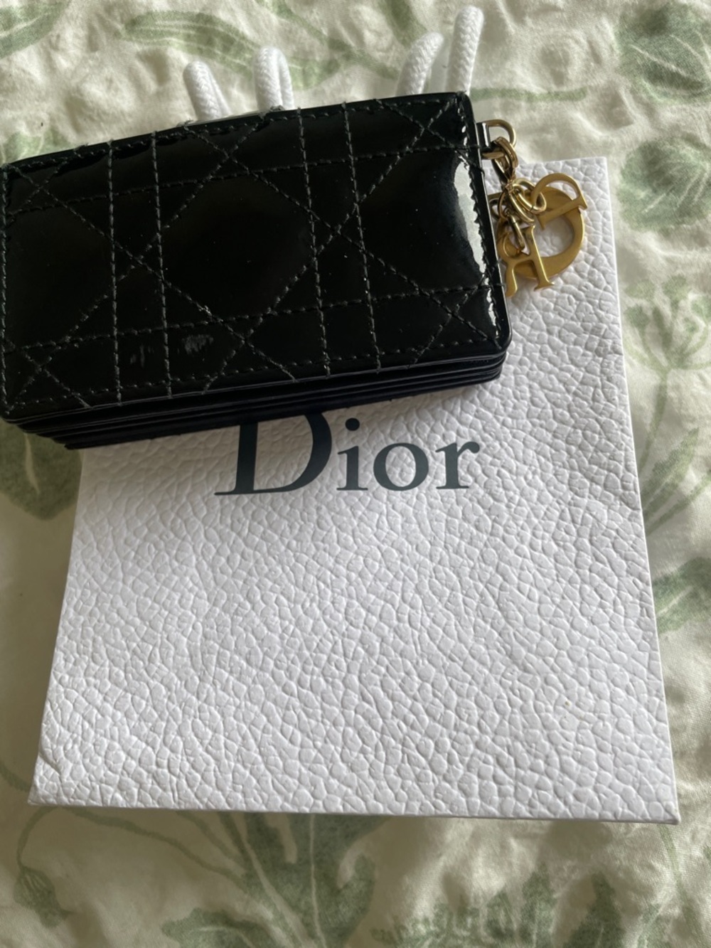 Dior Black Patent Leather Quilted Card Holder with Gold D Charm